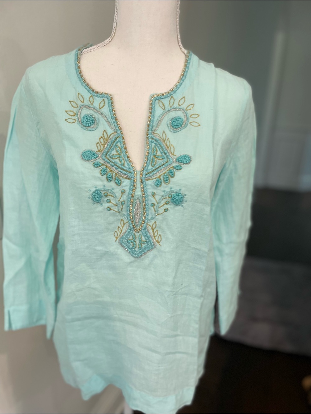 Lilly Pulitzer Aqua Embroidered Split V Tunic